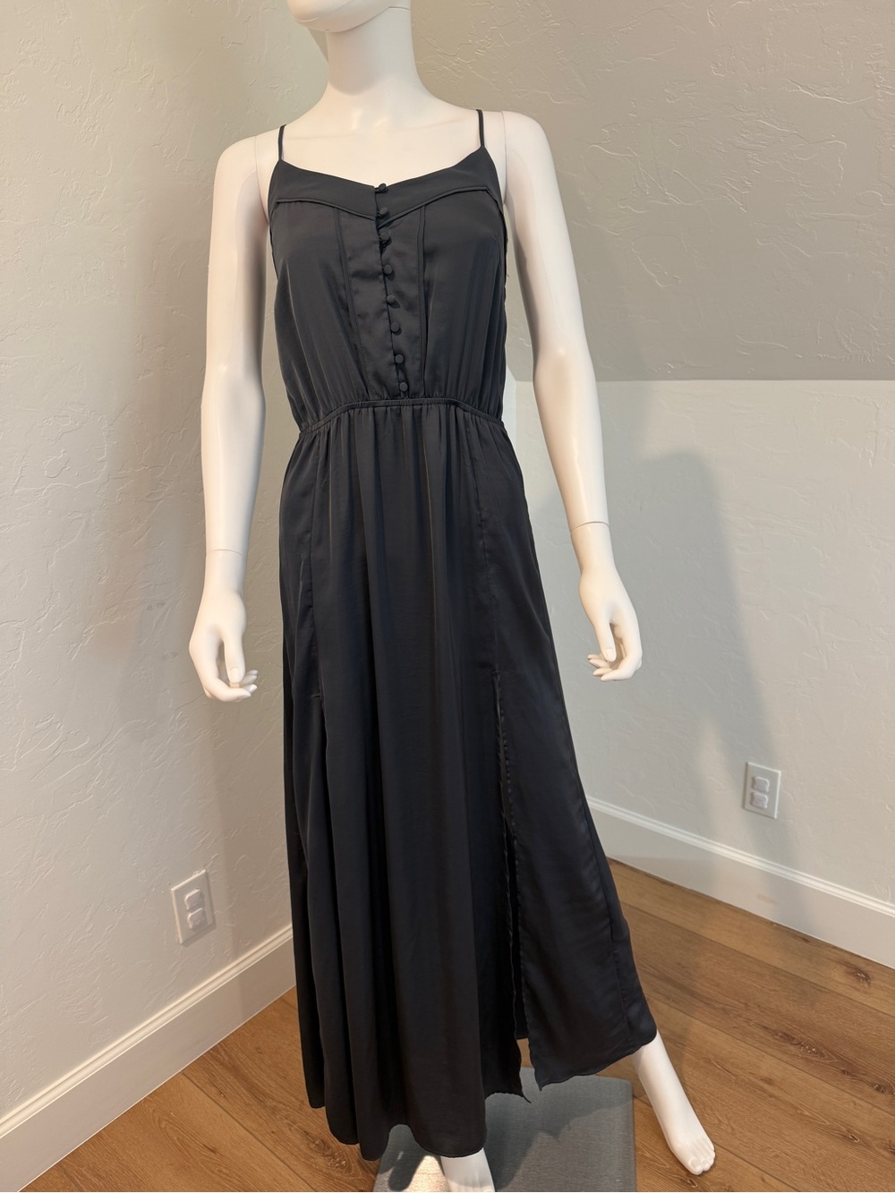 H&M Charcoal Spaghetti-Strap Button-Front Maxi Dress